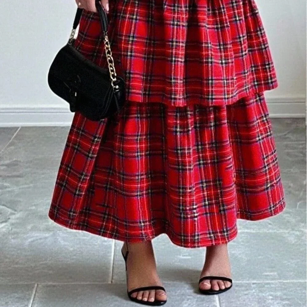 Multicolor Casual Women's Fitted Long Sleeve Jumpsuit & Plaid Skirt Christmas - Picture 2 of 8